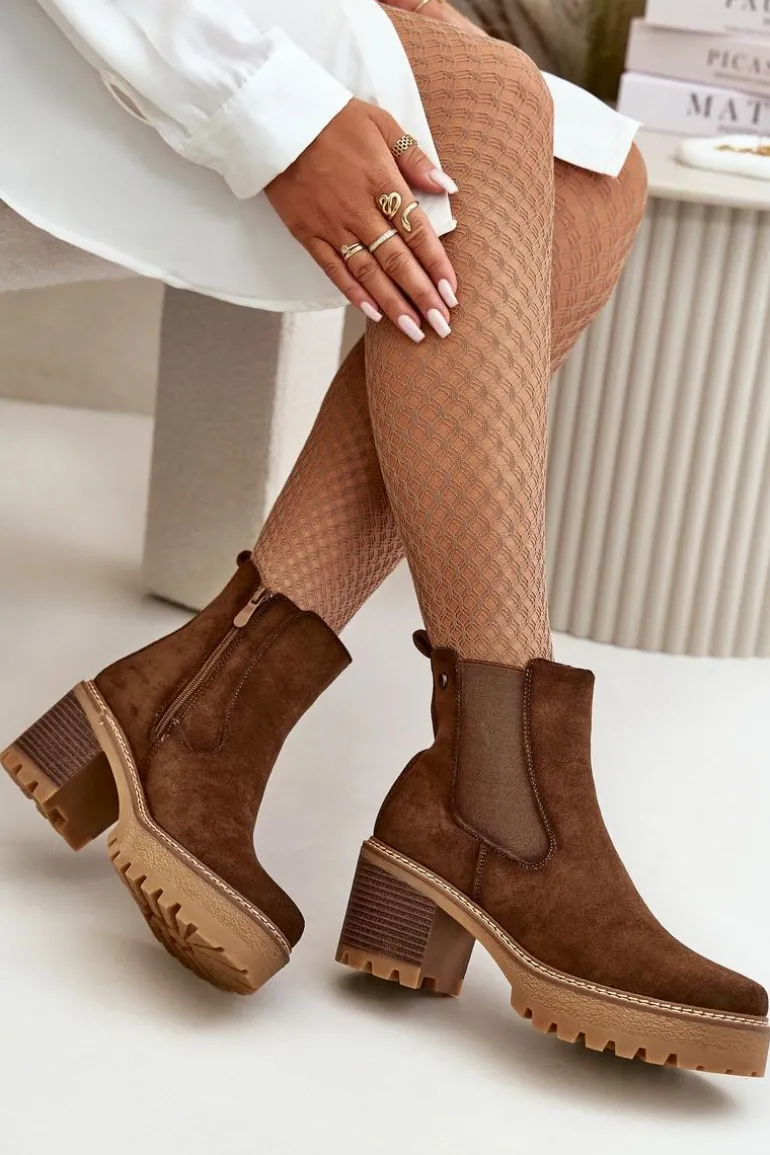 Botki Damskie Ocieplane Na Słupku Eko Zamszowe Brązowe Irissinae