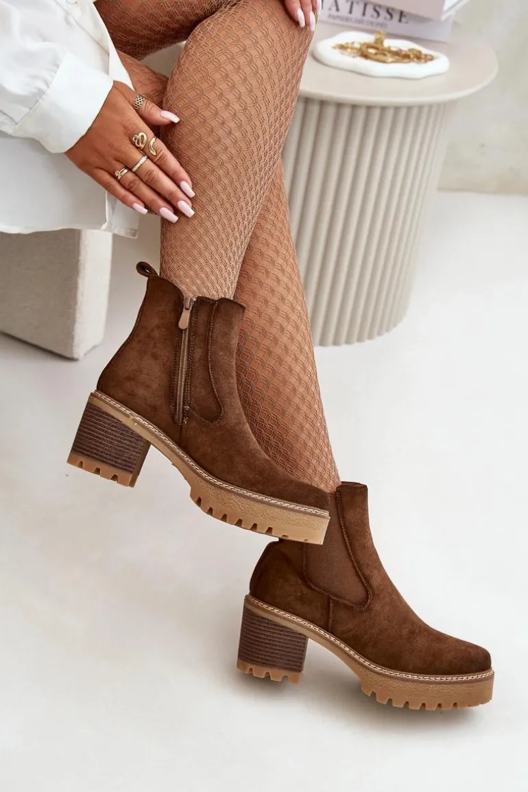 Botki Damskie Ocieplane Na Słupku Eko Zamszowe Brązowe Irissinae