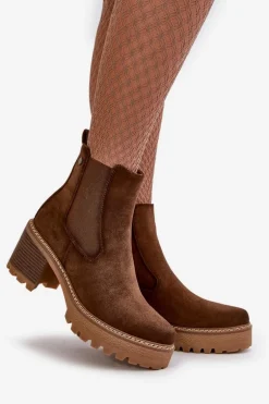 Botki Damskie Ocieplane Na Słupku Eko Zamszowe Brązowe Irissinae