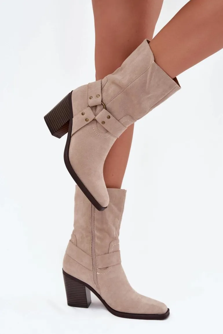 Botki Damskie Ocieplane Na Słupku Z Paskami I Ozdobnym Detalem Beżowe Neria