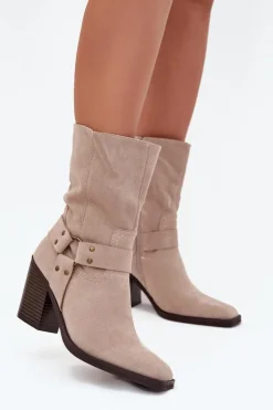 Botki Damskie Ocieplane Na Słupku Z Paskami I Ozdobnym Detalem Beżowe Neria