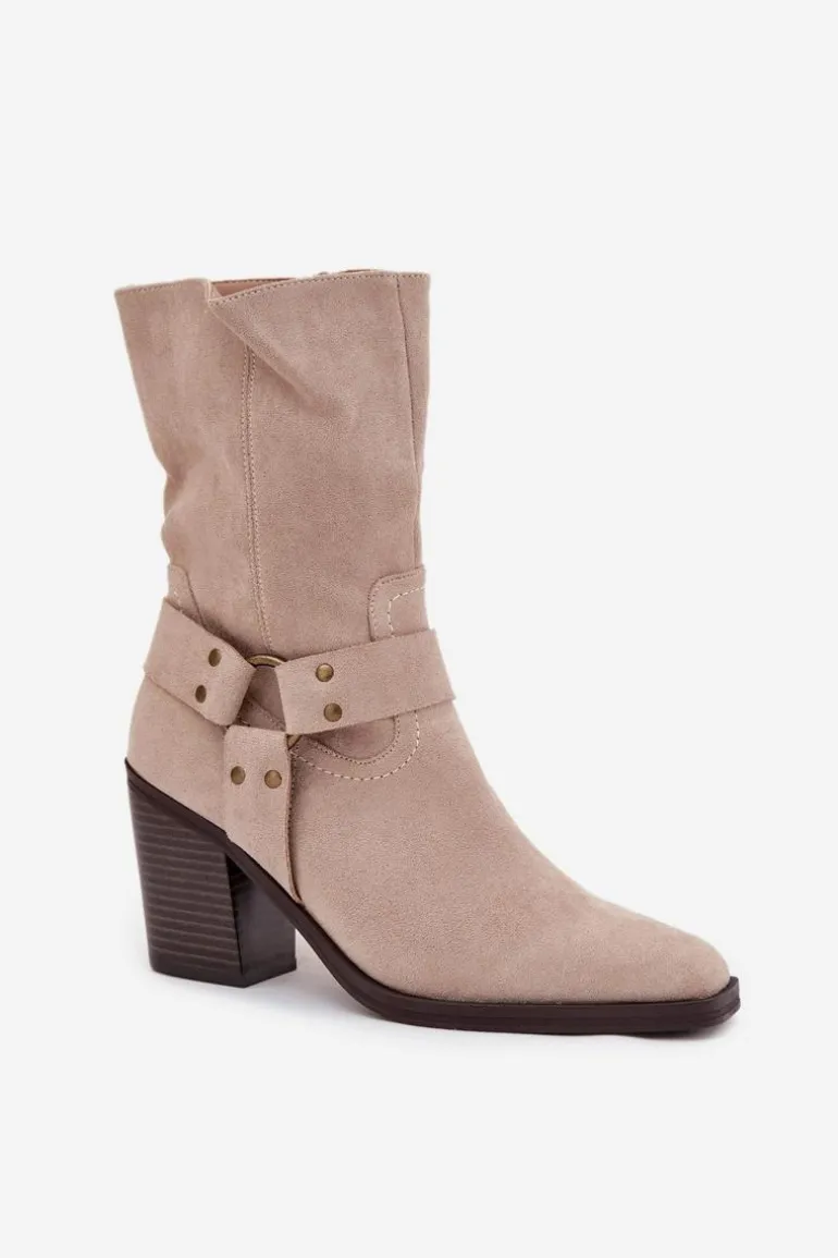 Botki Damskie Ocieplane Na Słupku Z Paskami I Ozdobnym Detalem Beżowe Neria