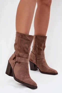 Botki Damskie Ocieplane Na Słupku Z Paskami I Ozdobnym Detalem Brązowe Neria