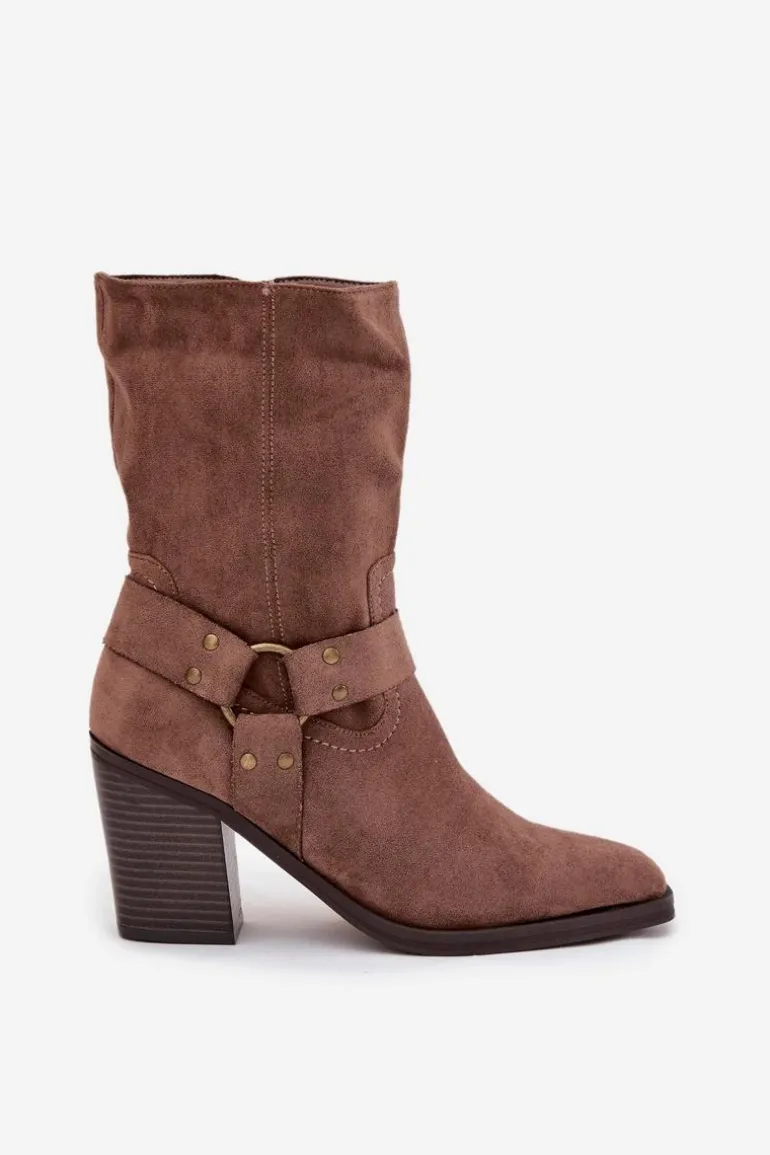 Botki Damskie Ocieplane Na Słupku Z Paskami I Ozdobnym Detalem Brązowe Neria