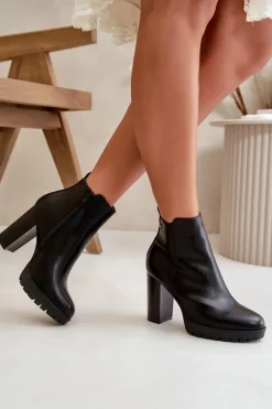 Botki Damskie Ocieplane Na Wysokim Słupku Zapinane Na Zamek Czarne Bioria