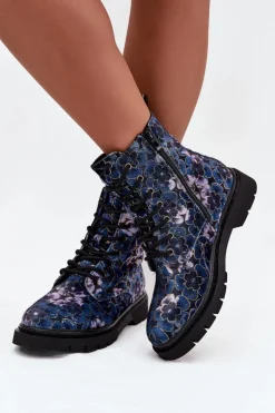 Botki Damskie Ocieplane W Kwiaty Artiker 57C1052 Granatowe