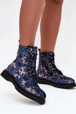 Botki Damskie Ocieplane W Kwiaty Artiker 57C1052 Granatowe