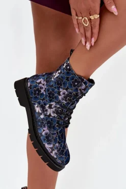 Botki Damskie Ocieplane W Kwiaty Artiker 57C1052 Granatowe