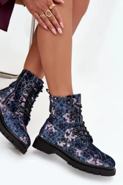 Botki Damskie Ocieplane W Kwiaty Artiker 57C1052 Granatowe