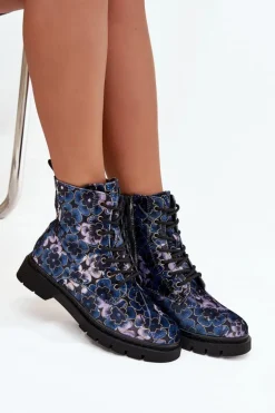 Botki Damskie Ocieplane W Kwiaty Artiker 57C1052 Granatowe
