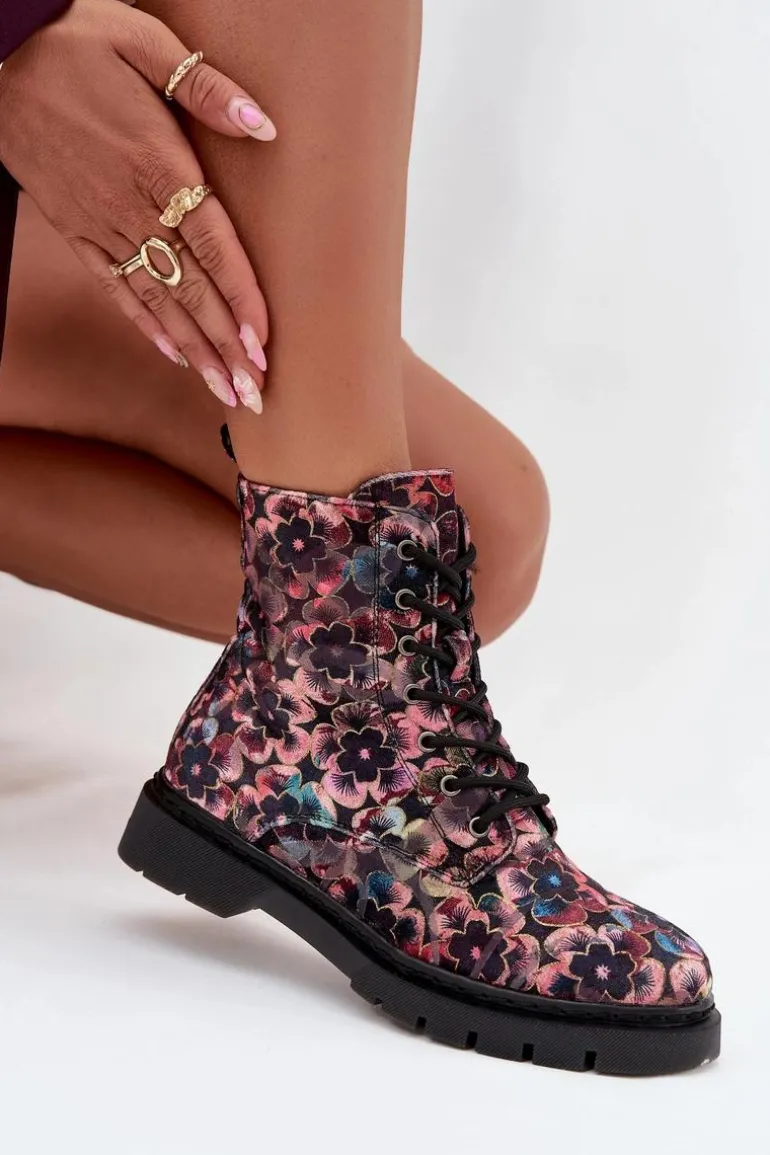 Botki Damskie Ocieplane W Kwiaty Artiker 57C1051 Różowe