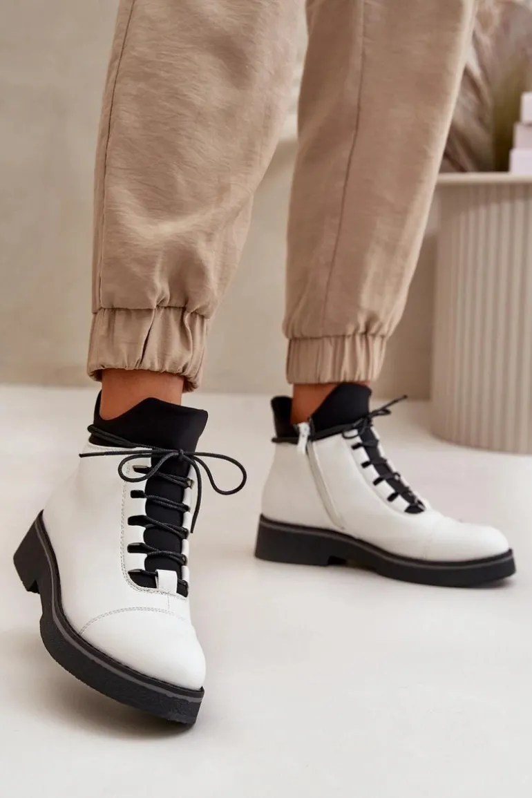 Botki Damskie Ocieplane Z Niską Cholewką Eko Skórzane Białe