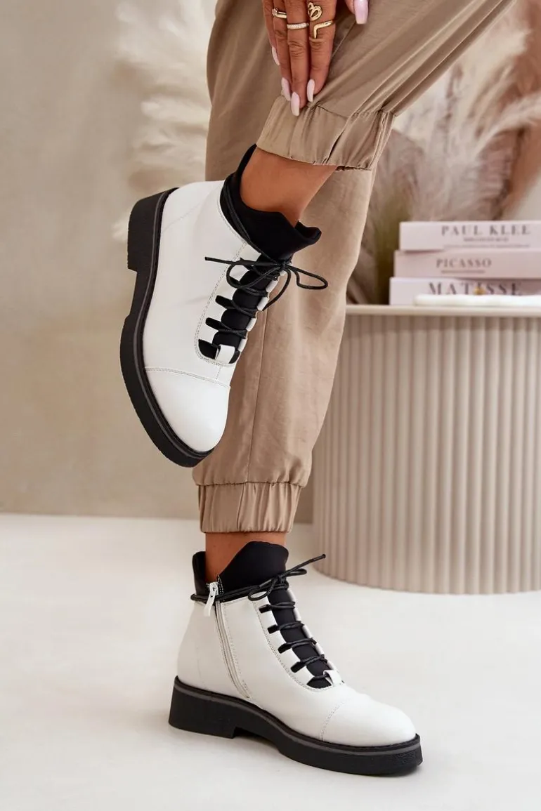 Botki Damskie Ocieplane Z Niską Cholewką Eko Skórzane Białe