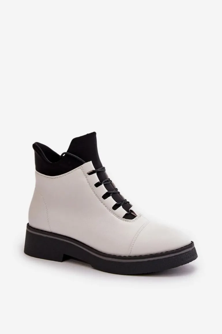 Botki Damskie Ocieplane Z Niską Cholewką Eko Skórzane Białe