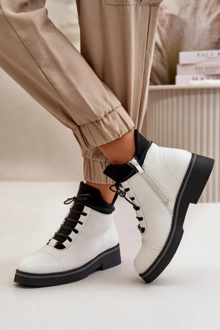 Botki Damskie Ocieplane Z Niską Cholewką Eko Skórzane Białe