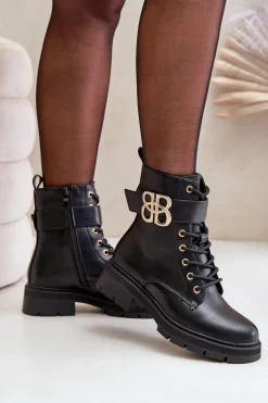 Botki Damskie Ocieplane Ze Złotą Ozdobą Czarne Nealithra