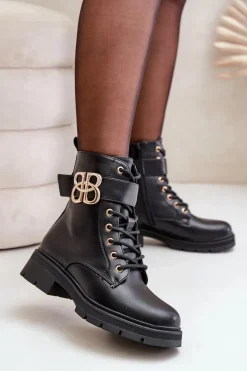 Botki Damskie Ocieplane Ze Złotą Ozdobą Czarne Nealithra