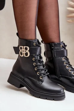 Botki Damskie Ocieplane Ze Złotą Ozdobą Czarne Nealithra