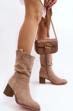 Botki Damskie Ocieplane Z Marszczoną Cholewką Na Słupku Beżowe Shavy