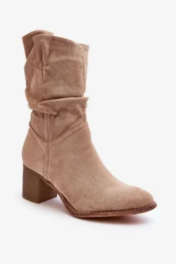 Botki Damskie Ocieplane Z Marszczoną Cholewką Na Słupku Beżowe Shavy