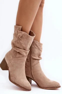 Botki Damskie Ocieplane Z Marszczoną Cholewką Na Słupku Beżowe Shavy