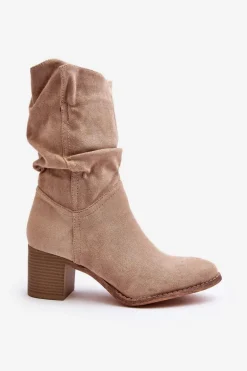 Botki Damskie Ocieplane Z Marszczoną Cholewką Na Słupku Beżowe Shavy