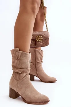 Botki Damskie Ocieplane Z Marszczoną Cholewką Na Słupku Beżowe Shavy