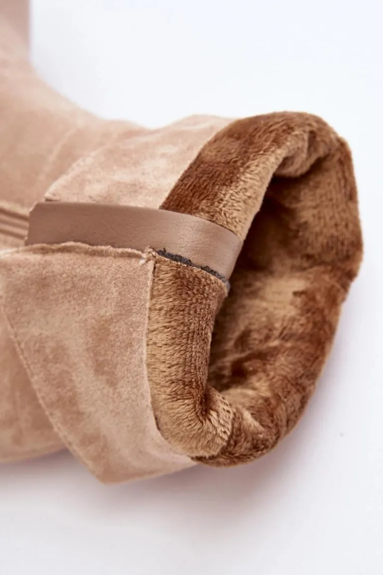 Botki Damskie Ocieplane Z Marszczoną Cholewką Na Słupku Beżowe Shavy