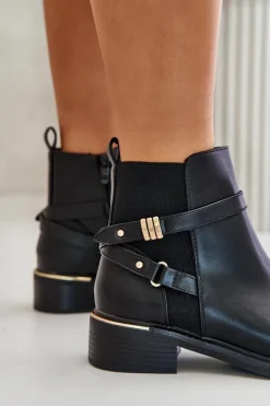 Botki Damskie Ocieplane Z Ozdobnymi Paskami Czarne Kikirra