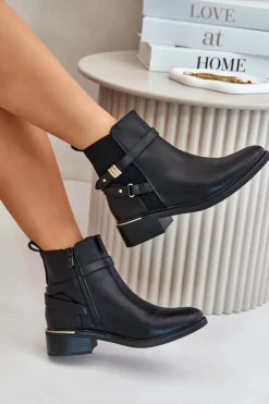 Botki Damskie Ocieplane Z Ozdobnymi Paskami Czarne Kikirra