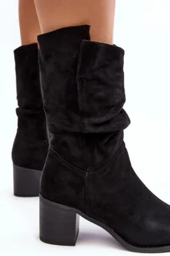 Botki Damskie Ocieplane Z Marszczoną Cholewką Na Słupku Czarne Shavy