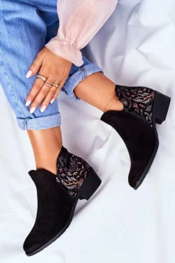 Botki Damskie Płaski Obcas Wiosenne Czarne Elizabeth