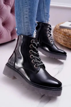 Botki Damskie Płaski Obcas Glany Lakierowane Czarne Sergio Leone TR726