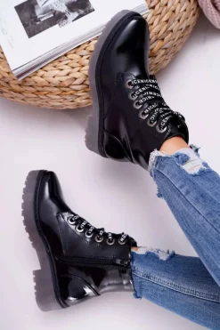 Botki Damskie Płaski Obcas Glany Lakierowane Czarne Sergio Leone TR726