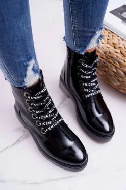 Botki Damskie Płaski Obcas Glany Lakierowane Czarne Sergio Leone TR726