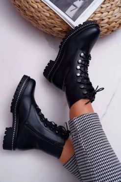 Botki Damskie Płaski Obcas Wysokie Glany Czarne Buena