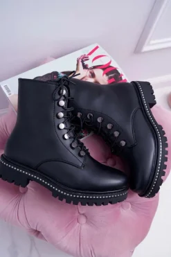 Botki Damskie Płaski Obcas Wysokie Glany Czarne Buena