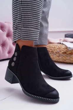 Botki Damskie Płaski Obcas Czarne Tristram