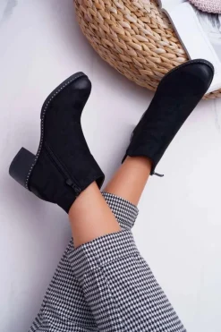 Botki Damskie Płaski Obcas Czarne Tristram