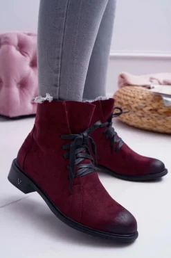 Botki Damskie Płaski Obcas Workery Bordowe Teref