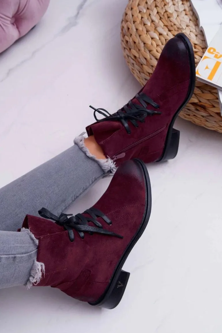 Botki Damskie Płaski Obcas Workery Bordowe Teref