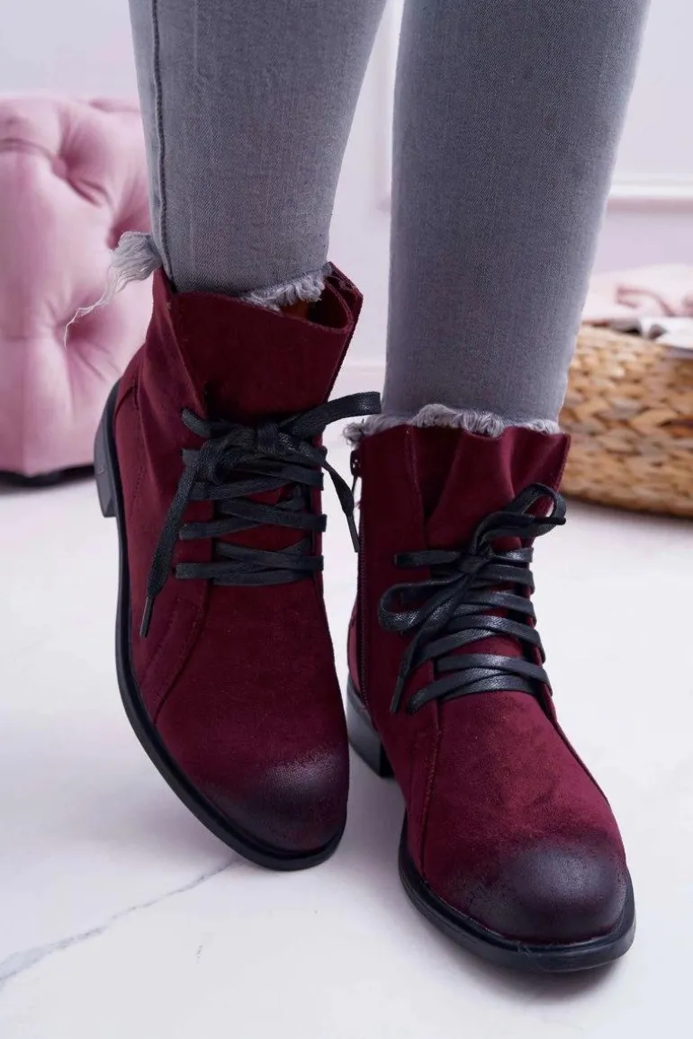 Botki Damskie Płaski Obcas Workery Bordowe Teref