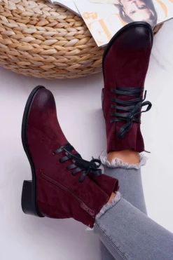 Botki Damskie Płaski Obcas Workery Bordowe Teref