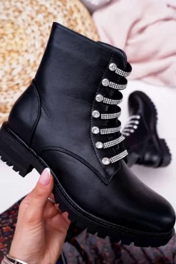 Botki Damskie Płaski Obcas Na Suwak Czarne Terrem