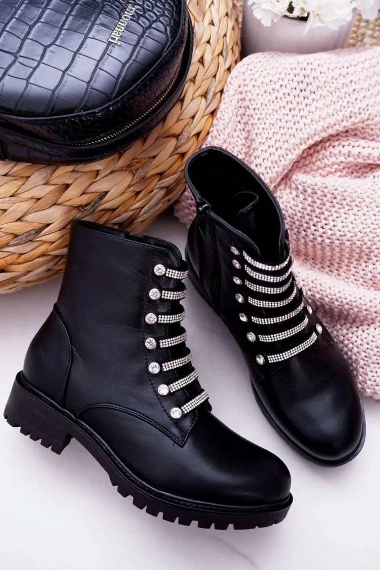 Botki Damskie Płaski Obcas Na Suwak Czarne Terrem