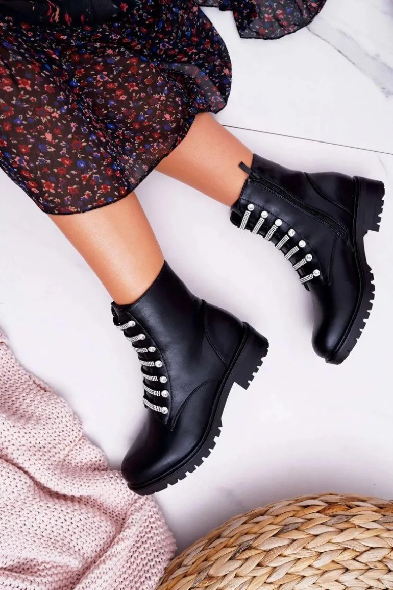 Botki Damskie Płaski Obcas Na Suwak Czarne Terrem