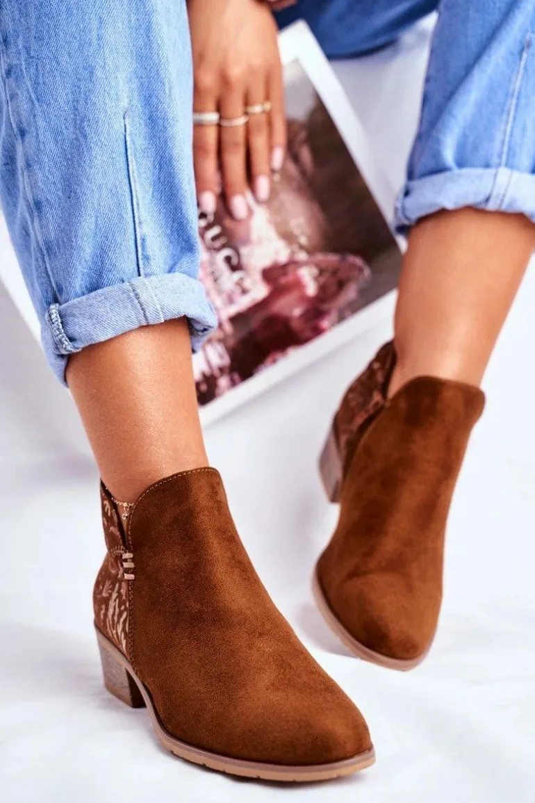 Botki Damskie Płaski Obcas Wiosenne Camel Elizabeth