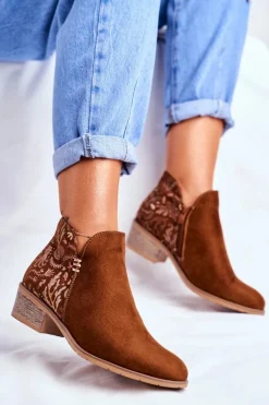 Botki Damskie Płaski Obcas Wiosenne Camel Elizabeth