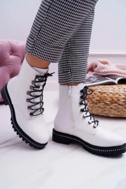 Botki Damskie Płaski Obcas Wysokie Glany Białe Buena