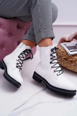 Botki Damskie Płaski Obcas Wysokie Glany Białe Buena